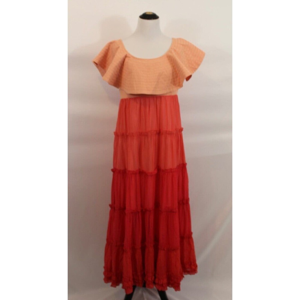 BEULAH Sz M Medium Orange Coral Ombre Ruffled Tiered Maxi Dress